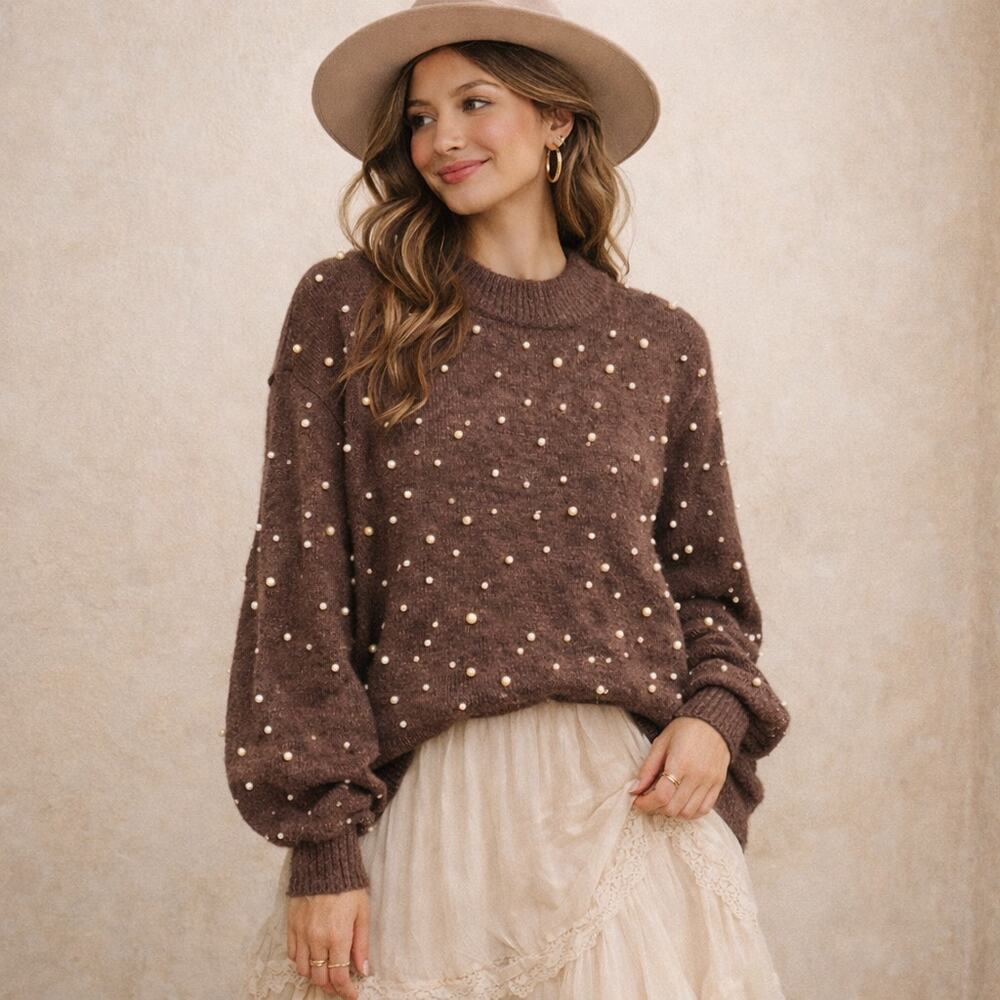 Warm Brown Sweater with Pearls Size S | City Chic
